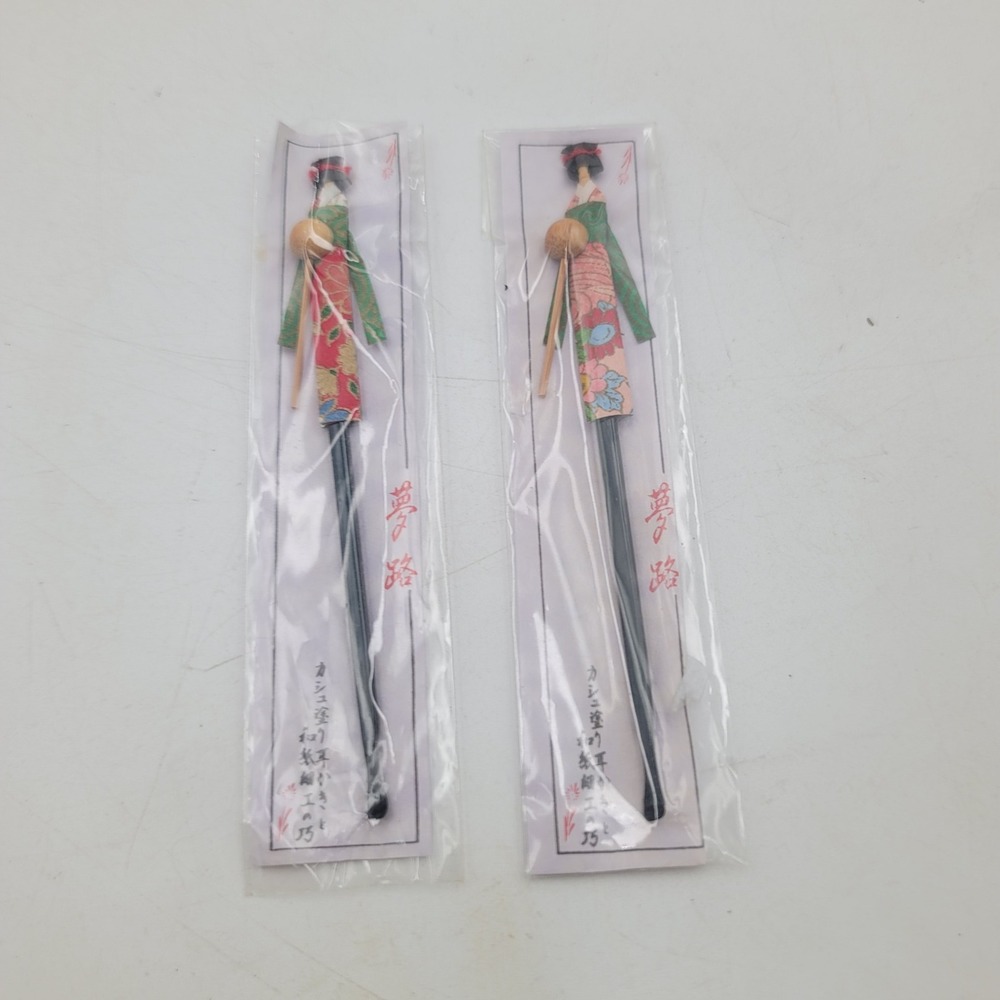 Vintage Japanese Paper Doll Ear Picks Mimikaki Set of 2 Handcrafted Kimono 6in